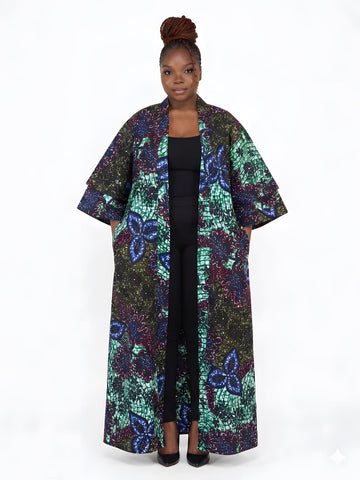 African Print Long Duster Kimono for Women with Headwrap | 100% Cotton