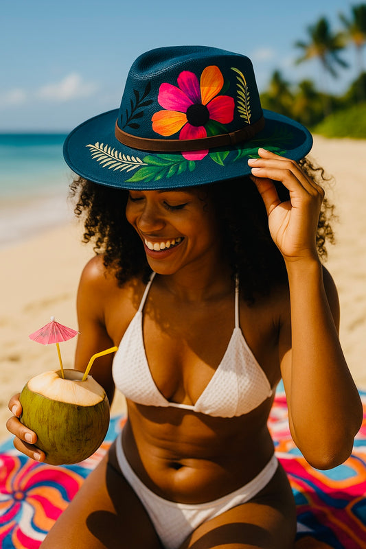 Hand-Painted Crown Collection: Midnight Bloom Straw Hat