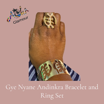 Gye Nyame Adinkra Gold Bracelet and Ring Set | Handmade in Ghana