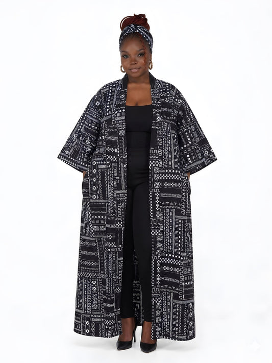 African Print Long Duster Kimono for Women with Headwrap | 100% Cotton