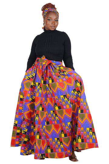 African Long Maxi Skirt 100% Cotton w/ Pockets & Headwrap One Size 41” Length