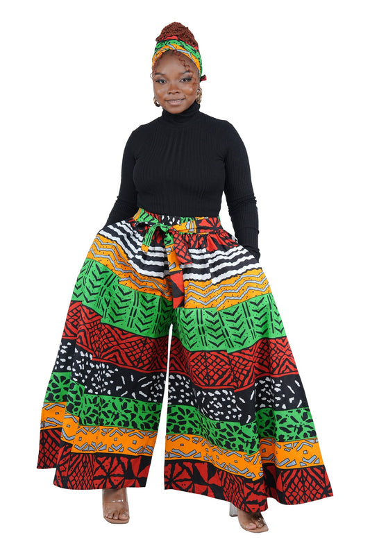 African Palazzo Pants Set w/ Headwrap | Wide Leg Cotton Pants w/ Belts & Pockets, One Size