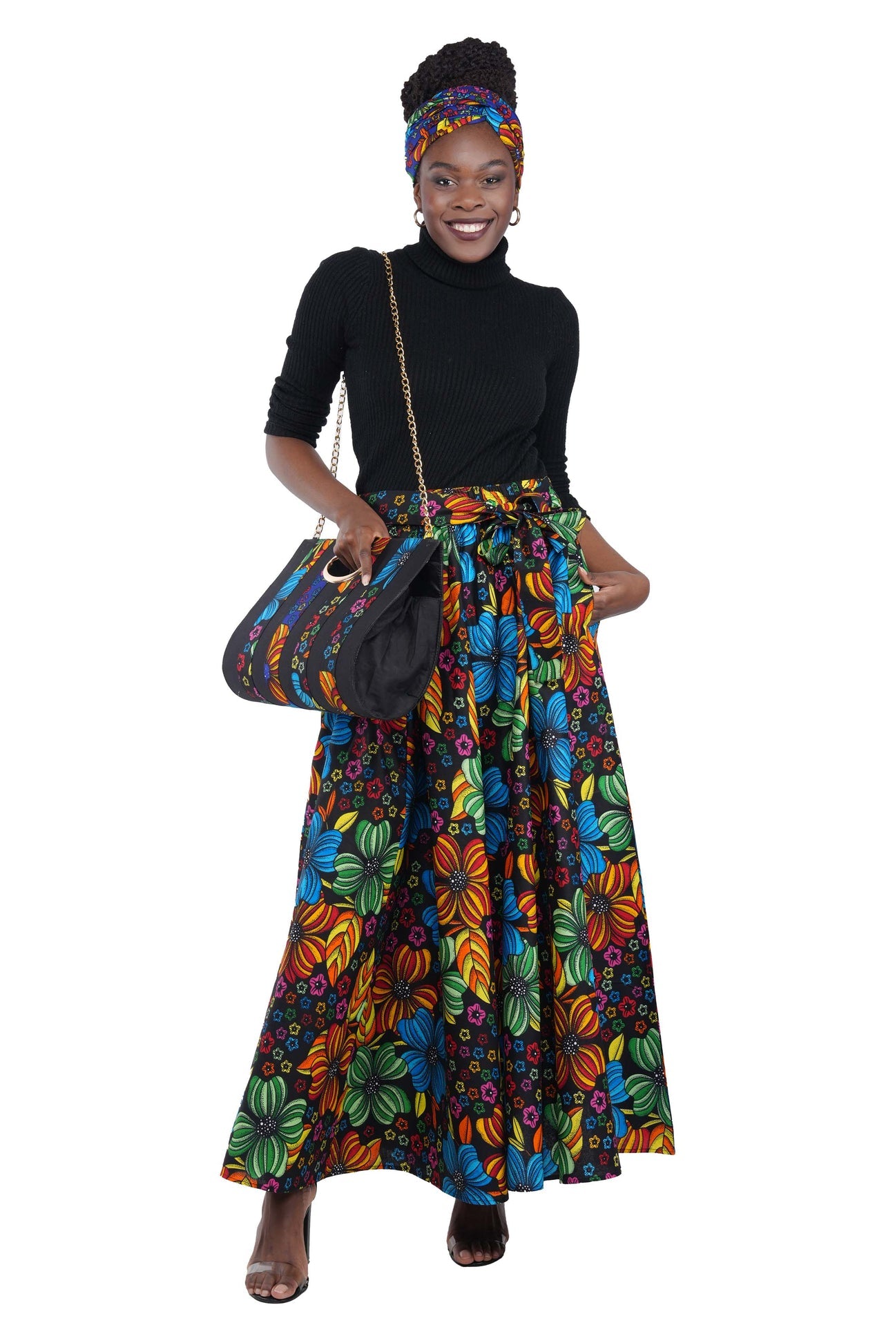 "Pre-Order Traditional Kente Print Maxi Skirt with Matching Purse and Head Wrap - One Size with Elastic Waistband"