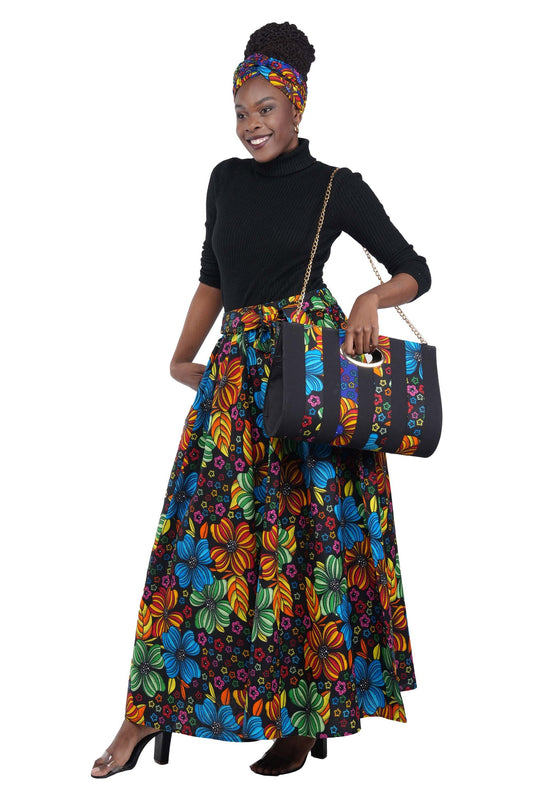"Pre-Order Traditional Kente Print Maxi Skirt with Matching Purse and Head Wrap - One Size with Elastic Waistband"