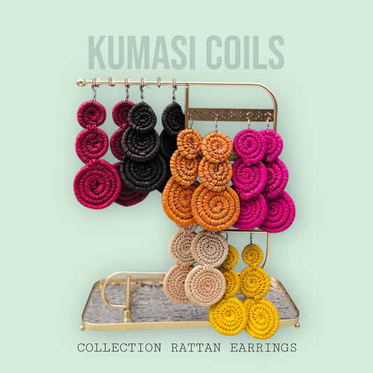 Kumasi Coil Earrings – Handwoven Triple Spiral Rattan Earrings from Ghana