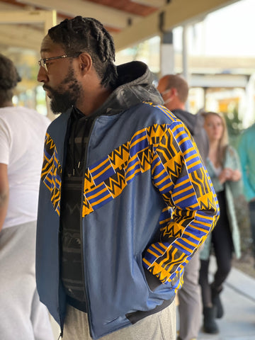 Unisex Bomber Jacket Bleu Gold Denim Mix
