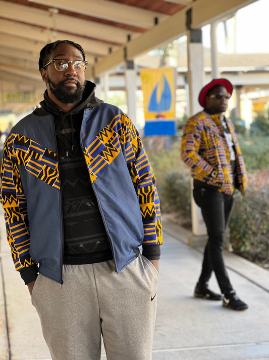 Unisex Bomber Jacket Bleu Gold Denim Mix